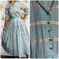 Vintage 1950s Blue Gold Striped Fit Flare Dress - Handmade 50s Party Dress