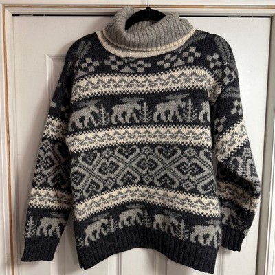 Vintage 1992 Eddie Bauer Wool Moose Fair Isle Roll Neck Sweater Mens Medium Gray