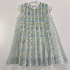 Vintage  60s Blue Embroidered Floral Pleated Sleeveless Shift Dress Girl 4T