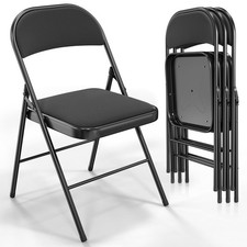 4 Pack Folding Chairs Padded Seats Metal Frame Fabric Seat Back 350 lbs Black