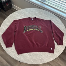 Vintage 90s Russell Athletic Spell Out Logo Crewneck Sweatshirt Maroon USA XL
