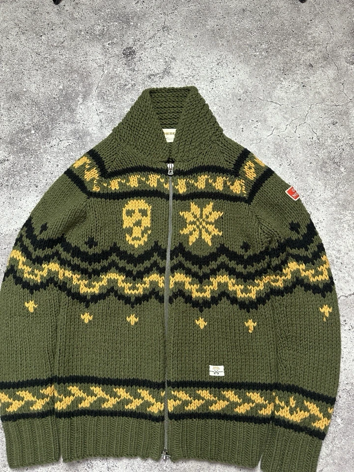 Cardigã Diesel Rockstar lã malha suéter verde zíper caveira estilo japonês raro P - Imagem 4 de 4