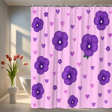 Cute Pink Floral Shower Curtain with Purple Flowers and Hearts