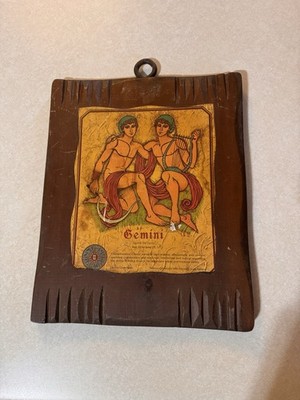 vintage MCM Gemini Zodiac Wood Hanging Plaque Astrology Twins