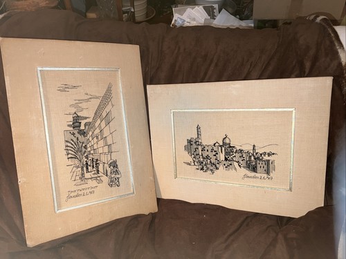 Lot Of 2 Embroideries: Art Of Jerusalem  1967 & The Kotel/Wailing Wall On Silk