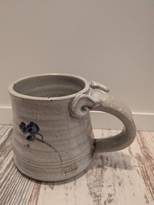 Japanese Style Handmade Studio Art Pottery Mug Gray Stoneware Blue Floral Signed