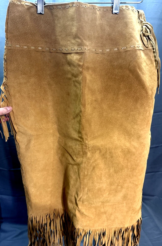 Falda larga de cuero marrón con flecos laterales de gamuza jabalí Scully para mujer talla XL L659 Foto 2 de 4