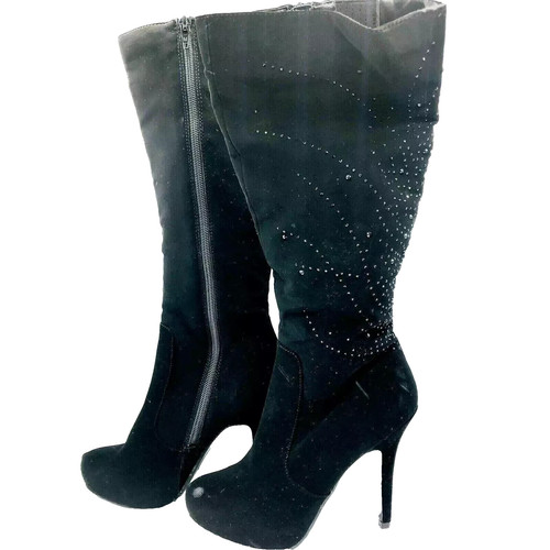 Madeline Girl Boots Womens 7 M Black MGDASH Knee High Heels Zip Rhinestone Biker