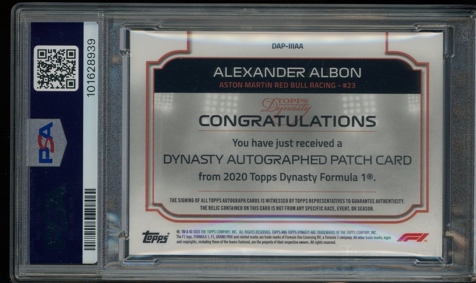 2020 Topps Dynasty F1 Racing Alexander Albon Patch ON CARD AUTO 5/10 PSA 9 view 2