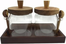 Glass Jars with Brown Wooden Lids and Scoop, Airtight Food Storage Containers