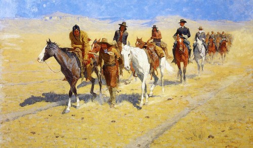 Cavallo ad olio Frederic-Remington-Pony-Tracks-in-the-Buffalo-Trails tela paesaggistica - Foto 1 di 1