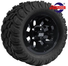 GOLF CART 10" BLACK REVOLVER ALUMINUM WHEELS and 22" ALL TERRAIN (M/T) TIRES(4)