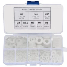 650 Pcs White Nylon Flat Washer Assortment Kit, round Flat Nylon Washers for Hou