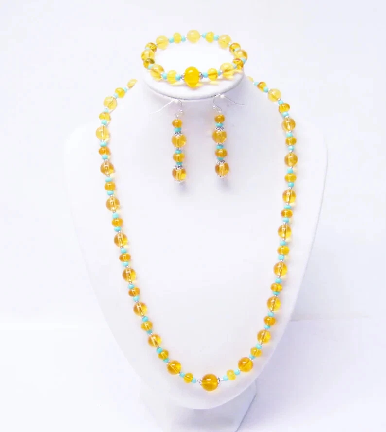 Collar/pulsera/pendientes redondos de resina naranja claro con cuentas electrónicas de vidrio turquesa Se Foto 2 de 4