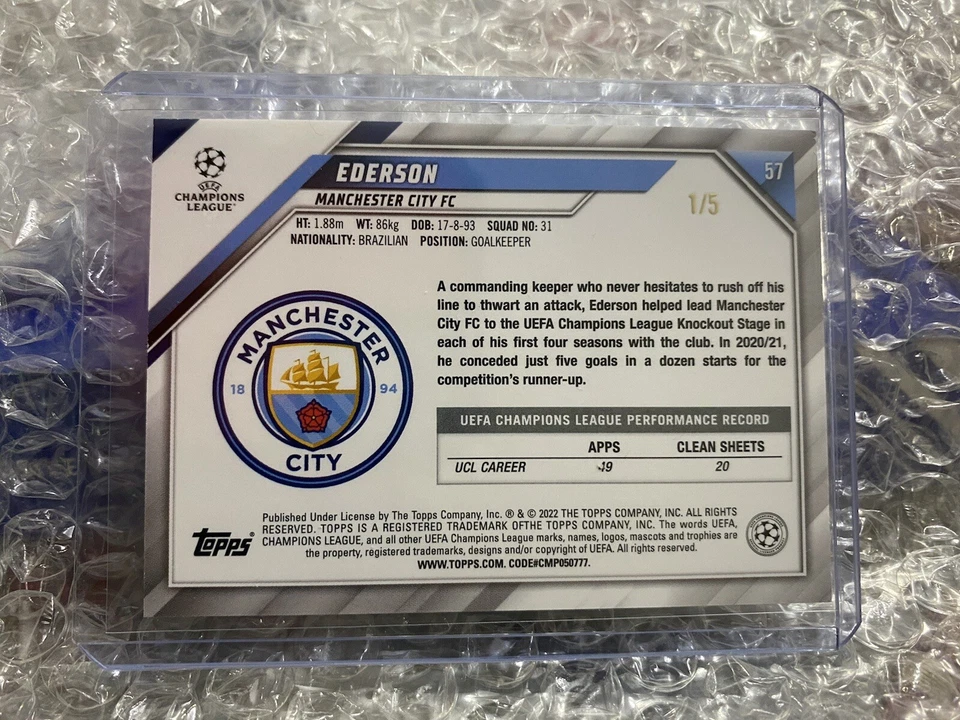 2021-22 Topps UEFA Champions League 1st Edition Ederson Manchester City FC 1/5 - Image 2 of 2