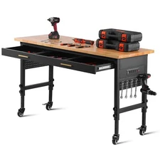60" x 24" Adjustable Height Workbench on Wheels with Power Outlet & Drawer