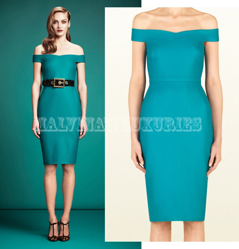 ROBE GUCCI LAINE TURQUOISE STRETCH CADY HORS ÉPAULE DÉCALÉE 1 IT 44 US 8