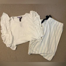 Hale Bob soft pajamas. Bottoms are offwhite with polka dots w/ a ruffled top.