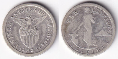 1914-S US Administration Philippines 10 CENTAVOS Silver Coin - Stock #Z110