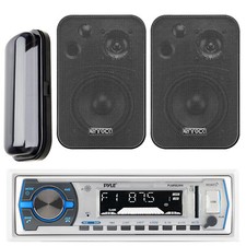 Pyle PLMRB29W Marine MP3 AUX USB SD Radio  2x Black Mini Box Speakers, Cover