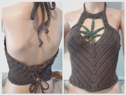 handmade crochet womans 420 top cannabis pot leaf L/XL 1X brown USA seller - Picture 2 of 3