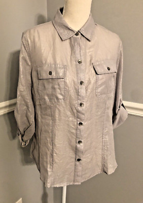 New Calvin Klein Top Women s Size M silver sheer button front collar