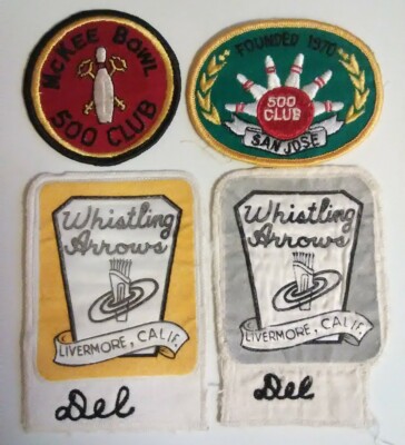McKee Bowl San Jose CA Vtg 500 Club & Whistling Arrows ''Del'' Name Patch Lot of 4