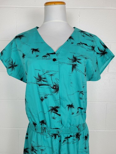 Vtg Hilo Hattie Hawaiian Green Blue Palm Tree Romper L? - Picture 6 of 9