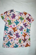 Womens PINK V NECK SCRUB TOP Multi Color BUTTERFLY PAISLEY Three Pocket M 8-10