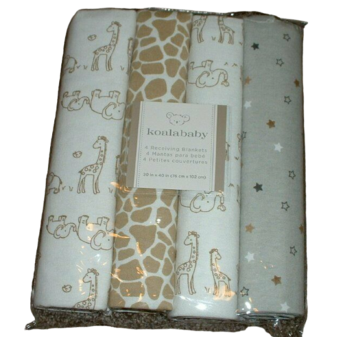 Koala Baby Safari Giraffe Receiving Blankets 4pk Set Flannel Brown Gray NWT HTF - Picture 1 of 3