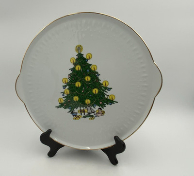 Royal Eagle Edelstein USA Christmas Tree Serving Platter 12'' Vtg Gold Trim 