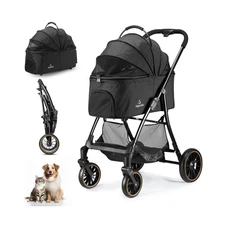 Pet Stroller for Small/Medium Dogs & Cats up to 55 lbs, Upgraded 4 Wheels Dog...