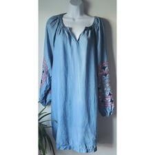 Crown & Ivy Womens Blue Chambray Long Embroidered Sleeves Size M Boho Cottage