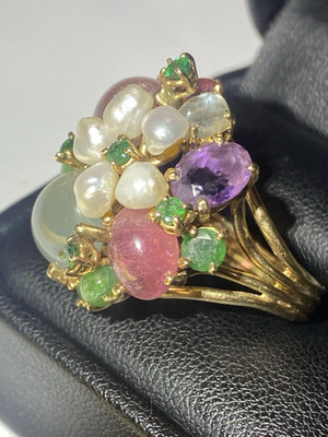 Vintage Emerald Jade Pearl Amethyst 14K Cocktail Statement Ring