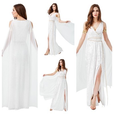 Women Greek Goddess Costume cosplay Sexy Egyptian Queen White V Collar Dress set