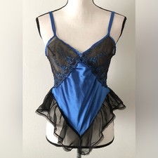 Vintage Frederick's of Hollywood Blue Satin Ruffle Trim Teddy Bodysuit
