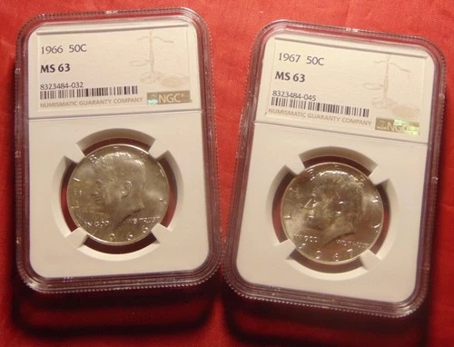 LOT (2 COINS) 1966 D & 1967 Kennedy 50C Silver Half Dollars, NGC MS 63, SWEET!