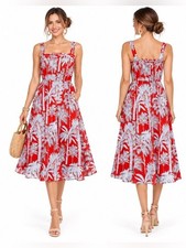 Talbots M Oasis Palm Voile Fit & Flare Midi Dress Red Palm-Print tropical cotton