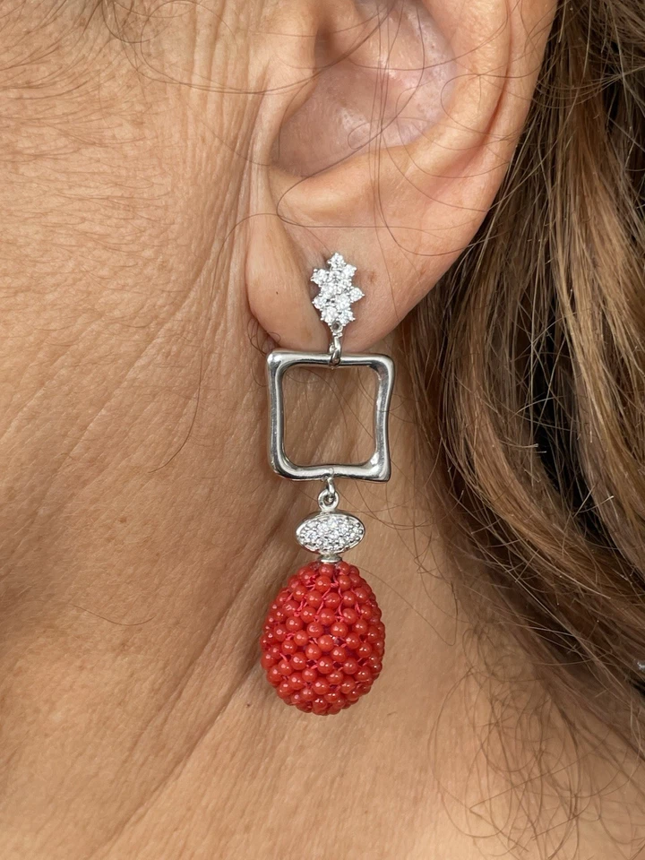 Orecchini In Argento E Corallo Naturale Fatto A Mano - Immagine 4 di 4