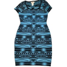 Fiancee Blue Dress women bodycon short sleeve dress with geometric print size S
