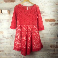 Free People Red Lace Midi Dress Size 12 3/4 Sleeve Coquette Date Night Romantic