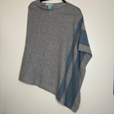 Celeste Wool Cashmere Blend Poncho Cape Gray Blue Striped Cozy Elegant