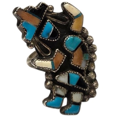 Historic LEONARD MARTZA ZUNI SILVER MOSAIC INLAY RAINBOW MAN RINGsz7
