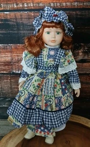 Vintage Porcelain Doll Emerald Collection New In Box With Stand Patchwork Hat