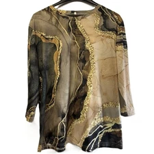 Women’s XL Neutral Print Long Sleeve Tee – Beige/Black/Brown Abstract Top