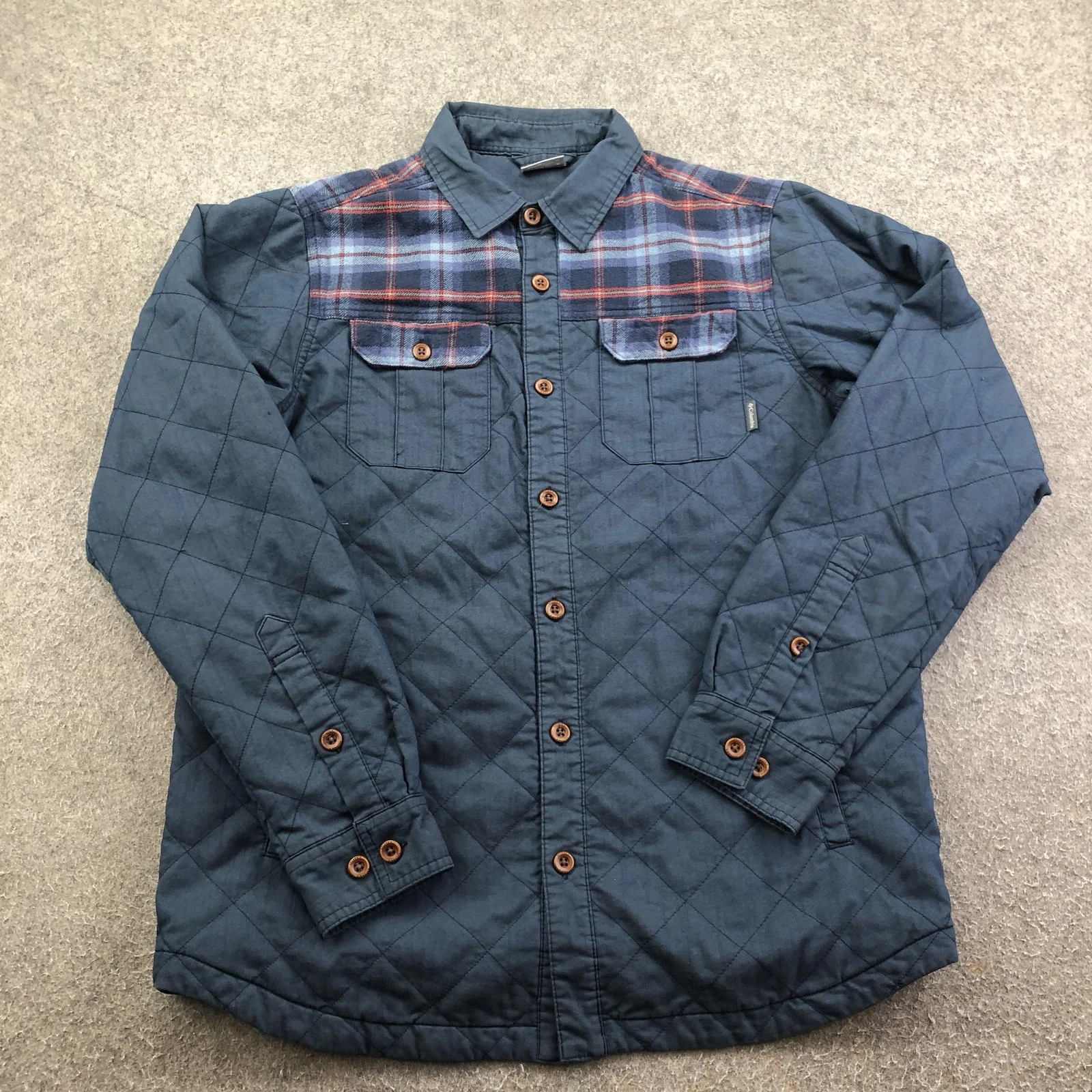 Columbia Jacket Mens Medium Blue Quilted Flannel Button Front Plaid Outdoor