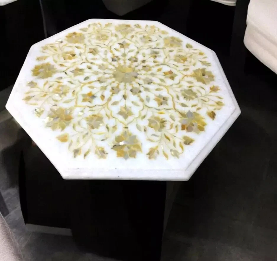 White Marble Coffee Table – Mother of Pearl Inlay Floral Art – Luxury Handmade - Image 2 of 4