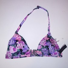 Victoria Secret Swim Bikini Top XS Pink Black Purple Floral Halter VS Bling Shin