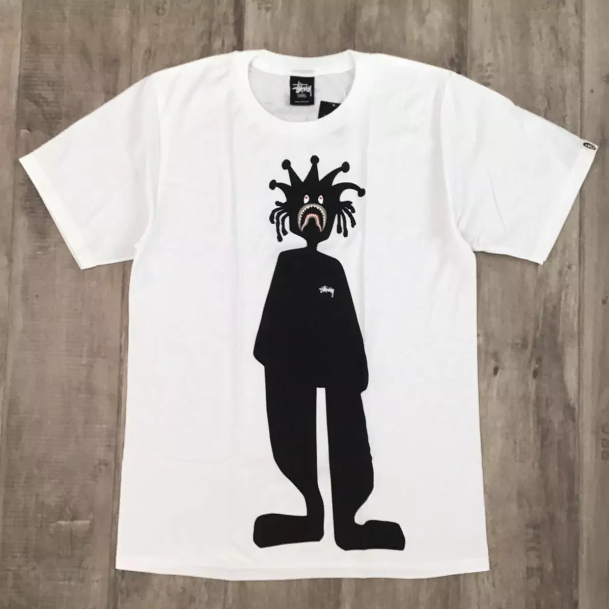 BAPE × stussy shark man T-shirt White A Bathing Ape Size S