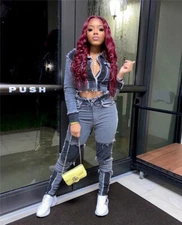  Women' Sexy 2 Pieces Denim Jackets Bodycon Paneled Denim Pants Jeans Party Club